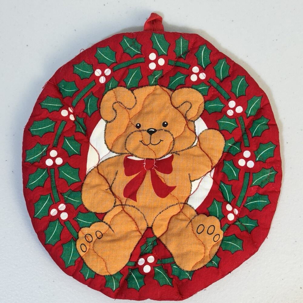 VTG Set Of 2 Christmas Teddy Bear 8.5” Round Red Quilted Fabric Pot Holder